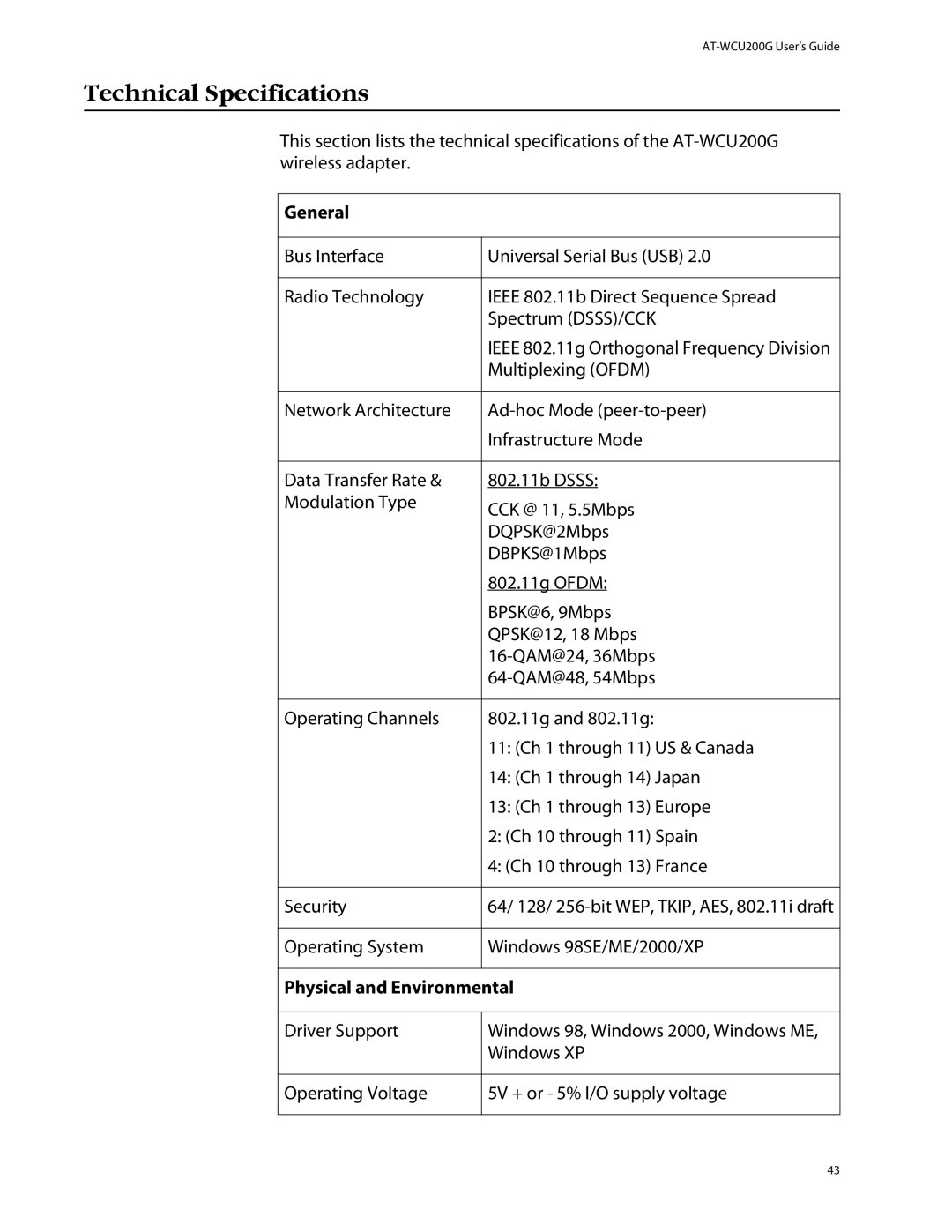 Allied Telesis AT-WCU200G manual Technical Specifications, General, Physical and Environmental 