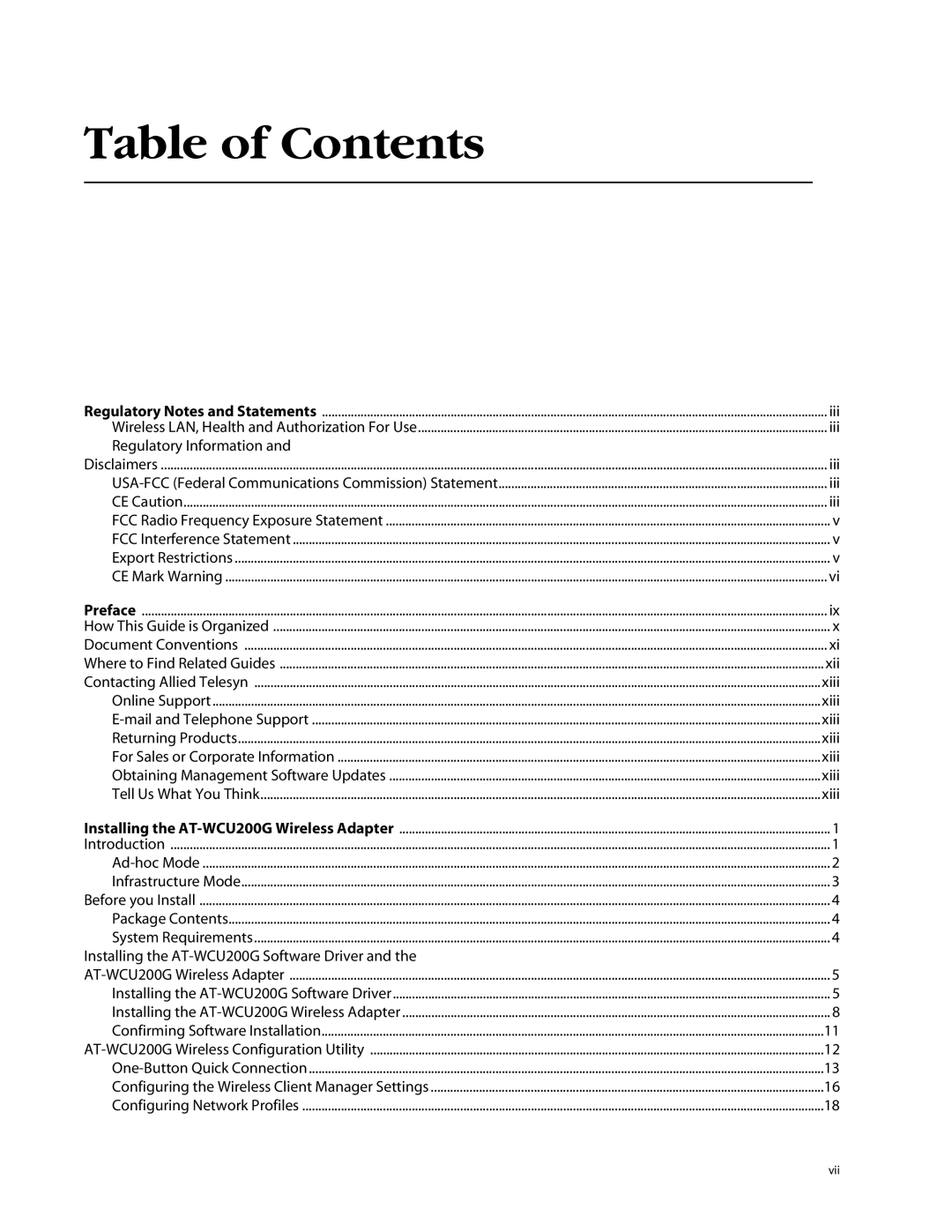 Allied Telesis AT-WCU200G manual Table of Contents 