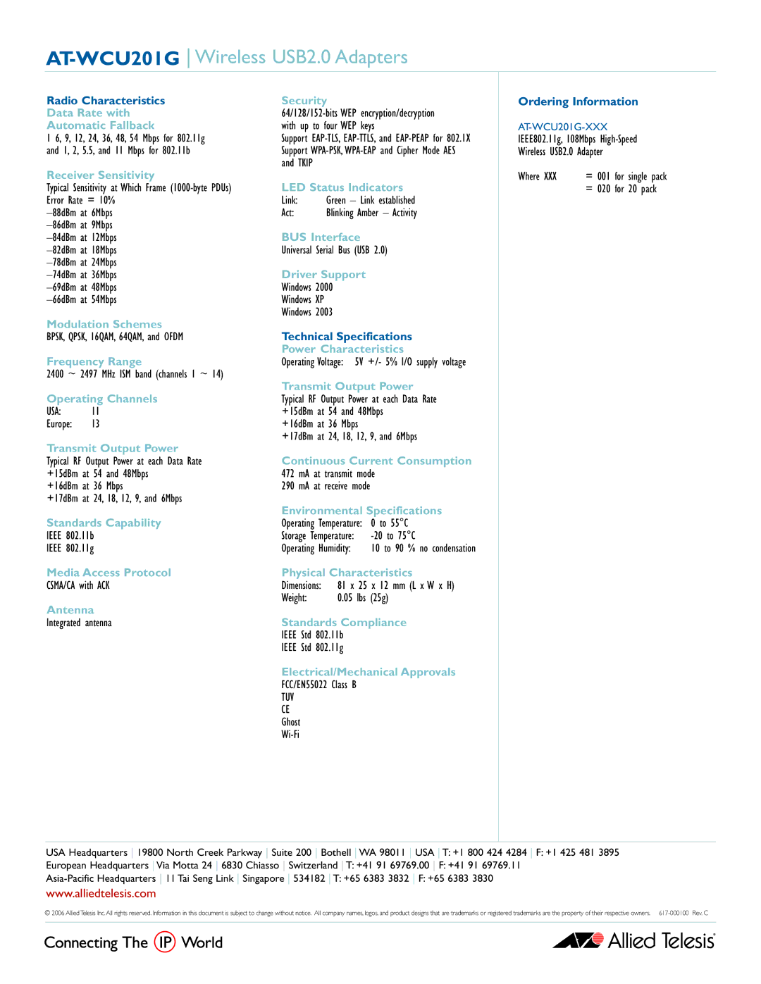 Allied Telesis manual AT-WCU201G Wireless USB2.0 Adapters 