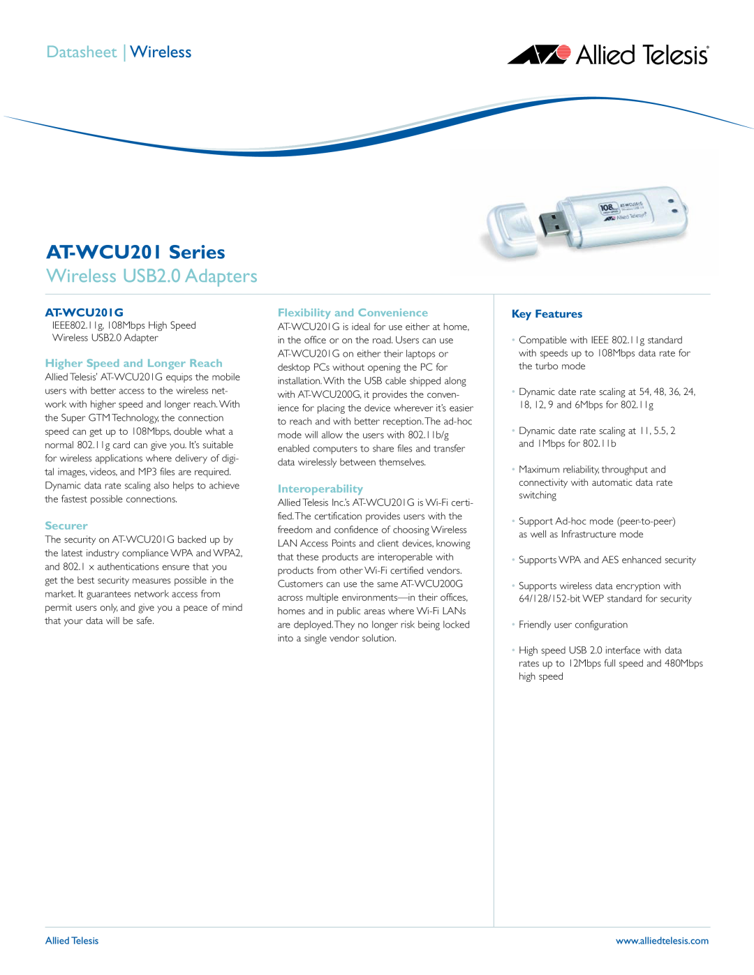 Allied Telesis manual Wireless USB2.0 Adapters, AT-WCU201G, Key Features, AT-WCU201 Series, Datasheet Wireless 
