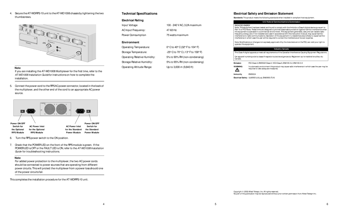 Allied Telesis AT-WDRPS-10 warranty Technical Specifications, Electrical Safety and Emission Statement 