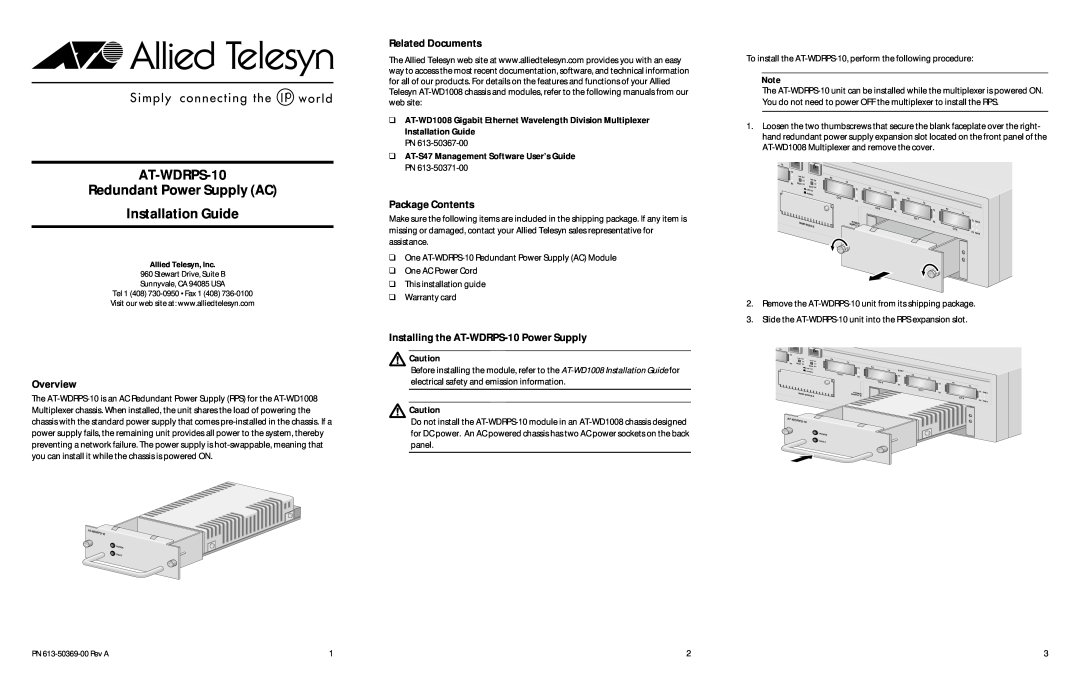Allied Telesis warranty Related Documents, Package Contents, Installing the AT-WDRPS-10 Power Supply, Overview 