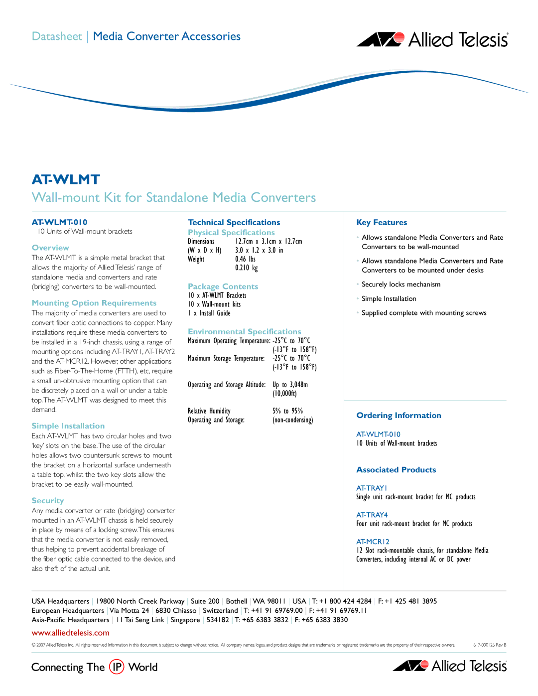 Allied Telesis AT-WLMT-010 technical specifications Overview, Mounting Option Requirements, Simple Installation, Security 