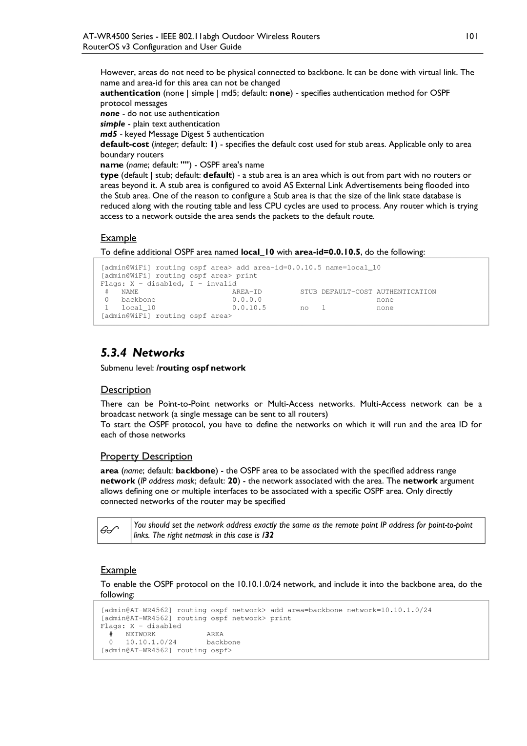 Allied Telesis AT-WR4500 manual Submenu level /routing ospf network, Name AREA-ID, Network Area, 10.10.1.0/24 