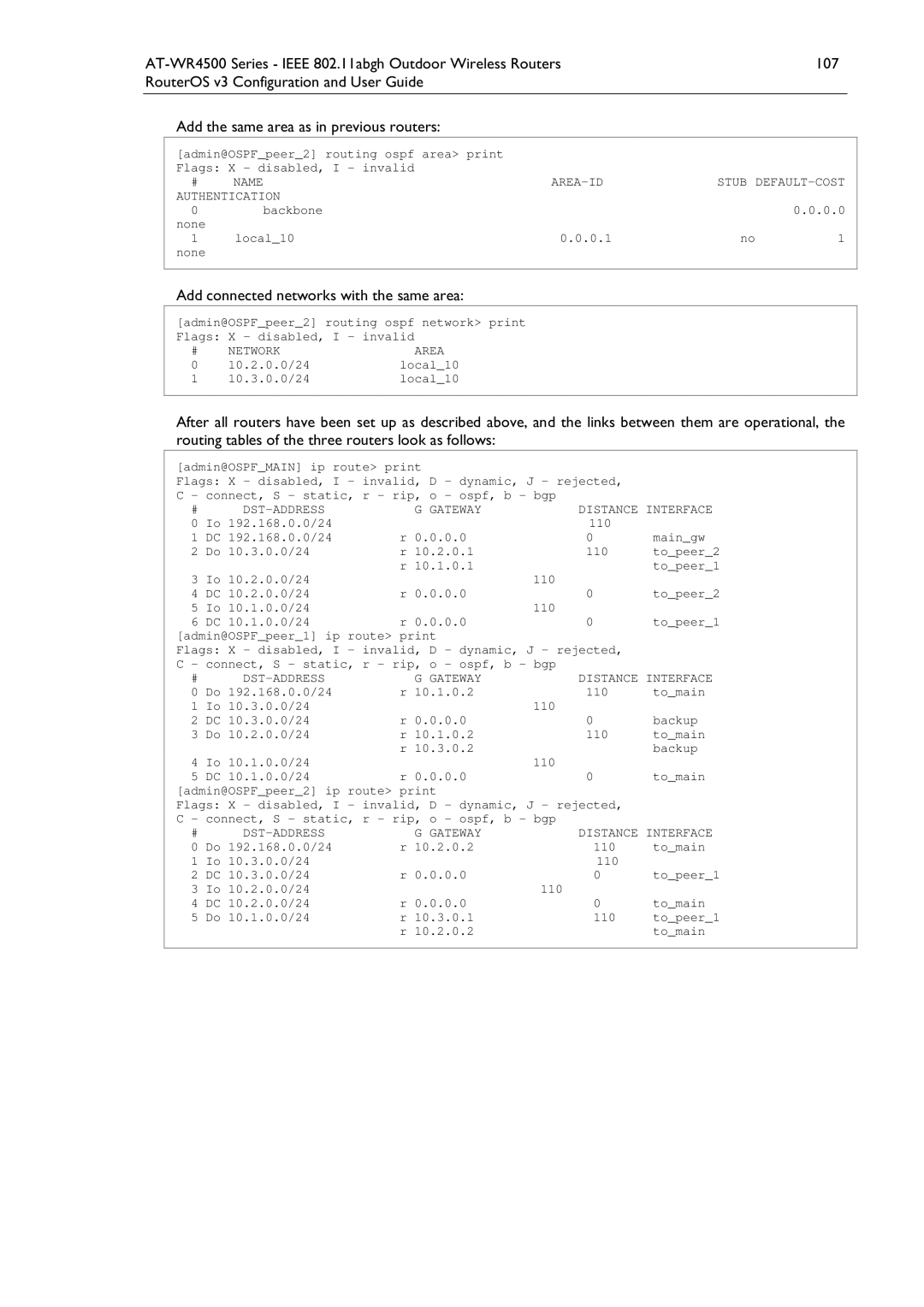 Allied Telesis AT-WR4500 manual Add connected networks with the same area, Admin@OSPFMAIN ip route print 