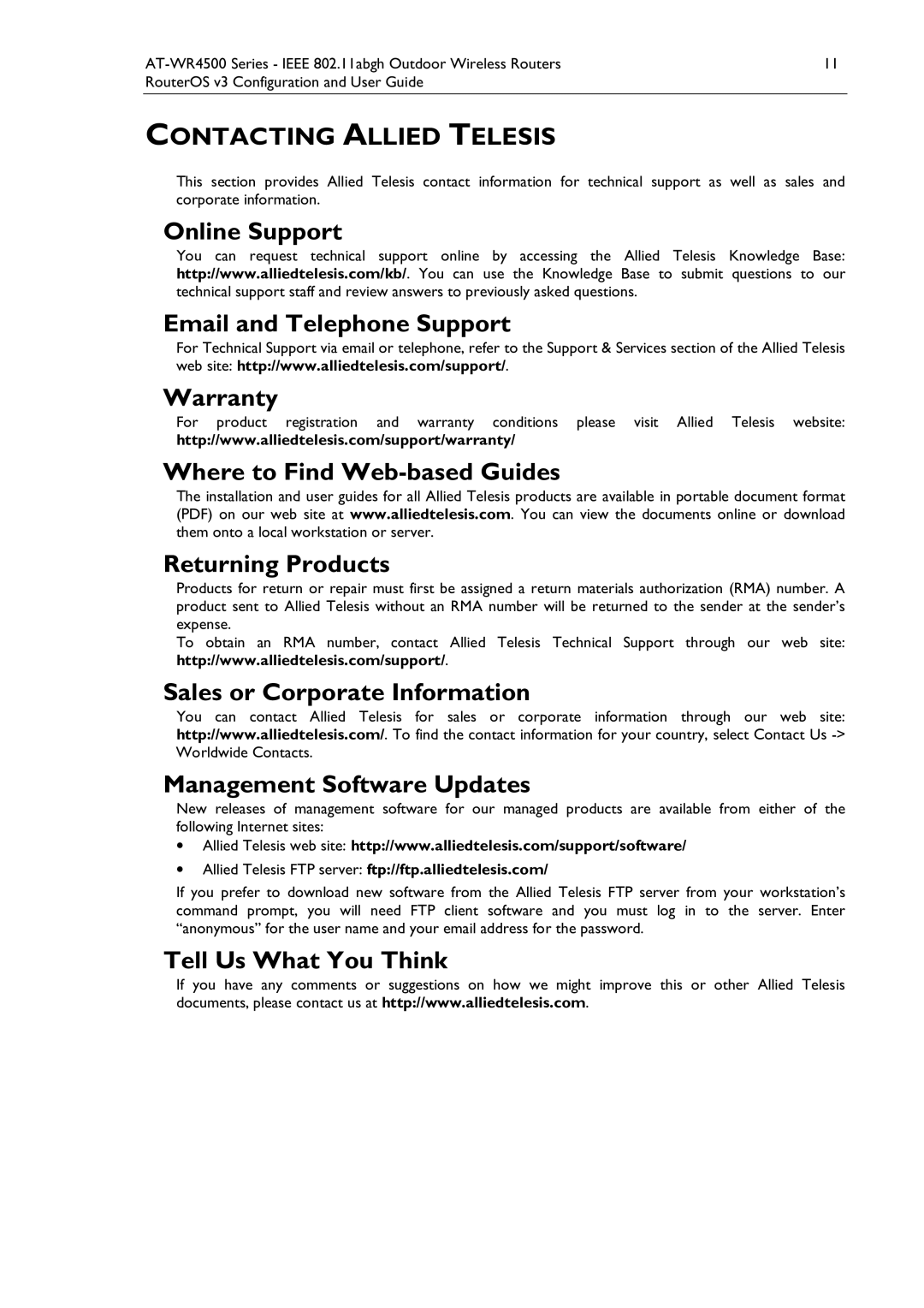 Allied Telesis AT-WR4500 manual Sales or Corporate Information Management Software Updates, Tell Us What You Think 