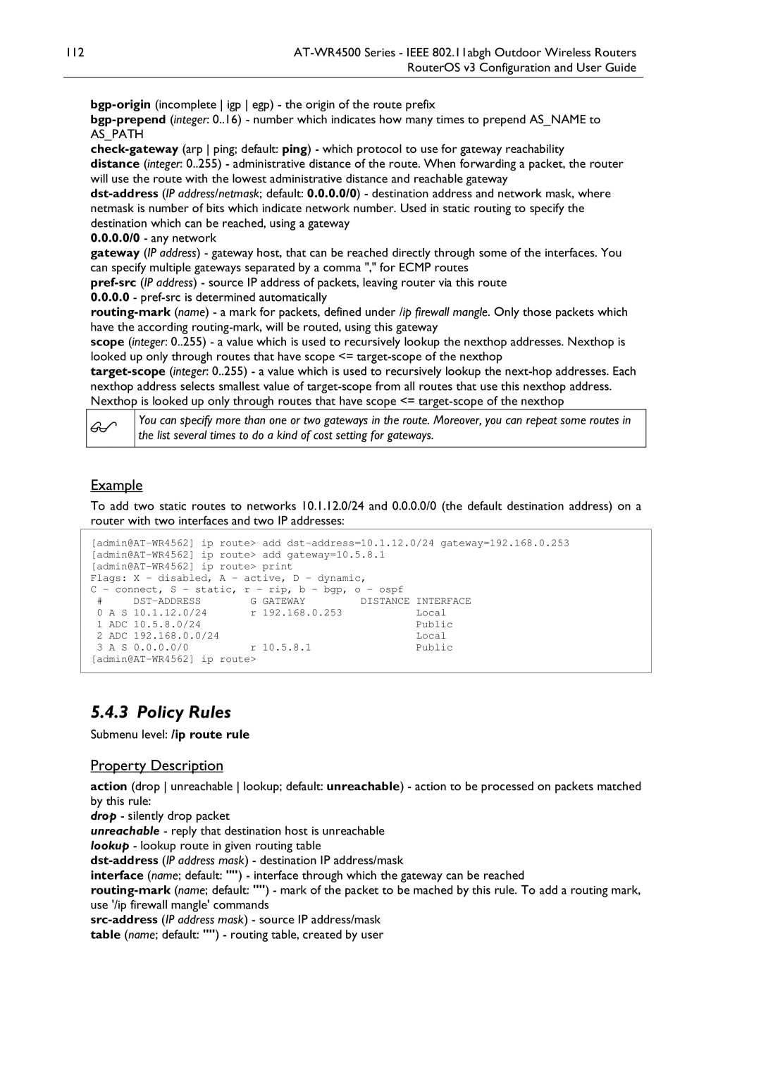 Allied Telesis AT-WR4500 manual Policy Rules, Submenu level /ip route rule 