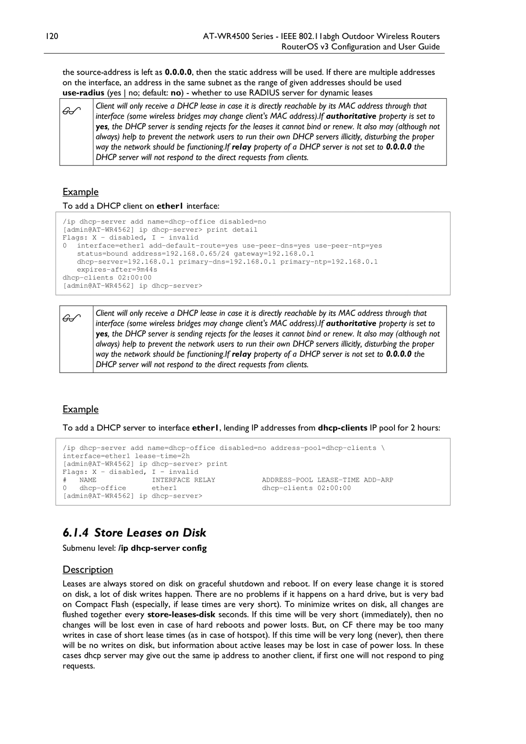 Allied Telesis AT-WR4500 manual Store Leases on Disk, Submenu level /ip dhcp-server config, Name Interface Relay 