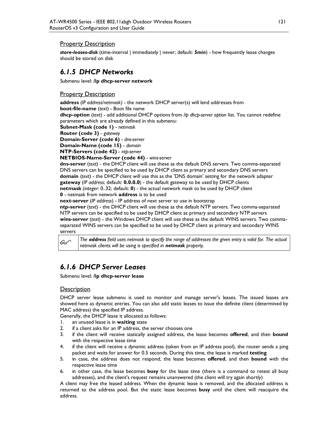 Allied Telesis AT-WR4500 manual Dhcp Networks, Dhcp Server Leases, Submenu level /ip dhcp-server network 