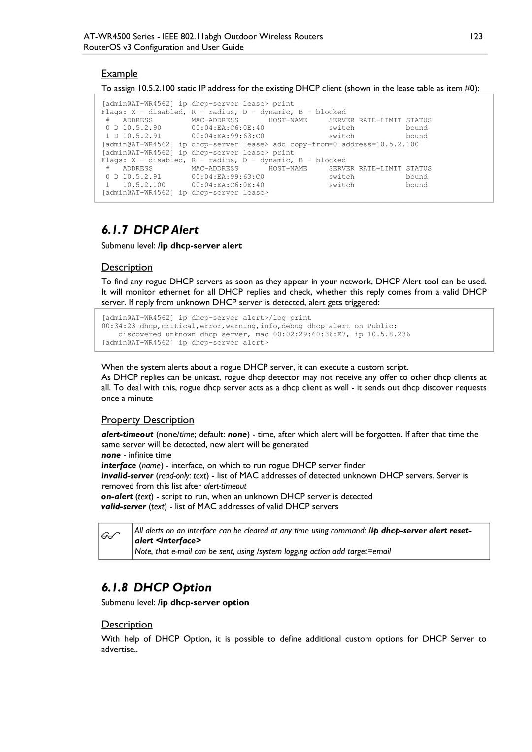 Allied Telesis AT-WR4500 manual Dhcp Alert, Dhcp Option, Submenu level /ip dhcp-server alert, Host-Name 