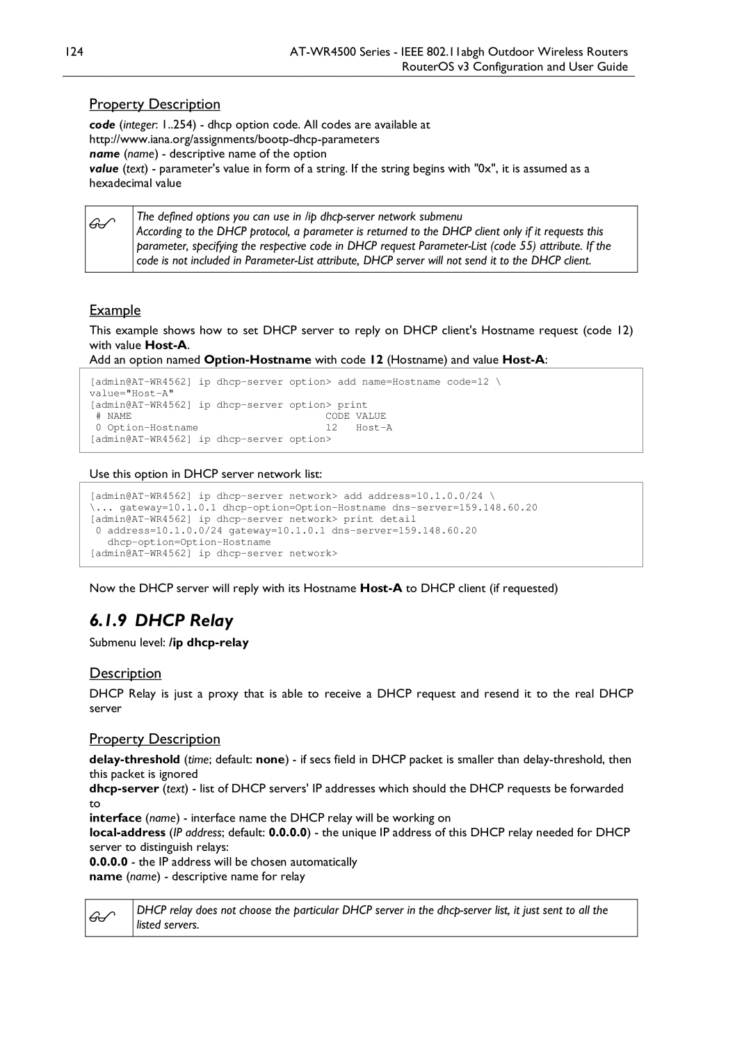 Allied Telesis AT-WR4500 manual Dhcp Relay, Use this option in Dhcp server network list, Submenu level /ip dhcp-relay 