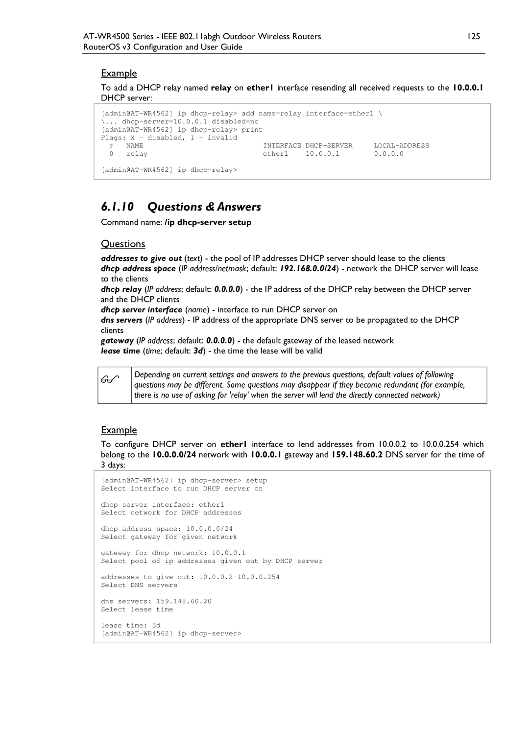 Allied Telesis AT-WR4500 manual Questions & Answers, Command name /ip dhcp-server setup, Name Interface DHCP-SERVER 