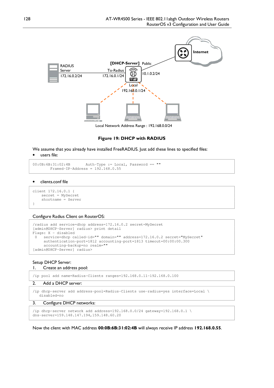 Allied Telesis AT-WR4500 Clients.conf file, Configure Radius Client on RouterOS, Setup Dhcp Server Create an address pool 