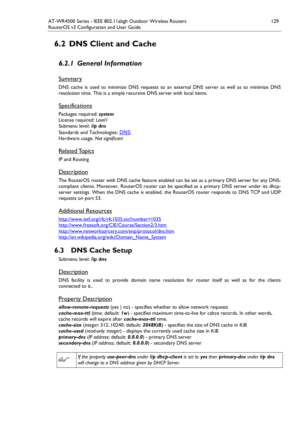 Allied Telesis AT-WR4500 manual DNS Client and Cache, IP and Routing 