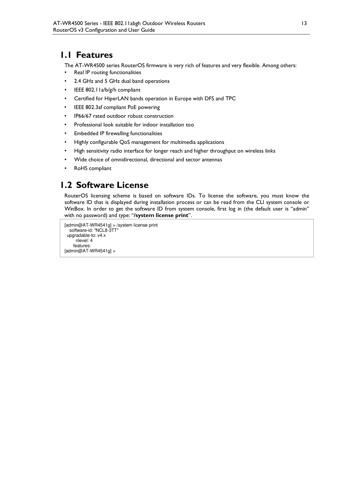 Allied Telesis AT-WR4500 manual Features, Software License, Admin@AT-WR4541g /system license print software-id NCL8-3TT 