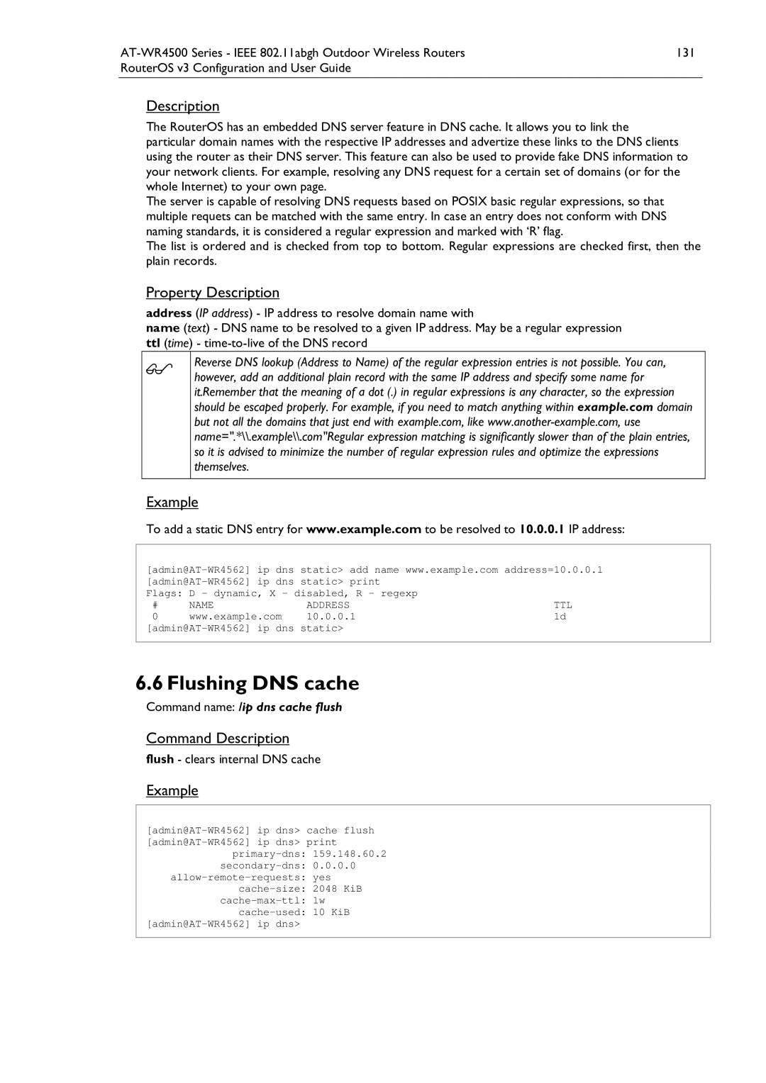 Allied Telesis AT-WR4500 manual 6Flushing DNS cache, Command name /ip dns cache flush, Flush clears internal DNS cache 