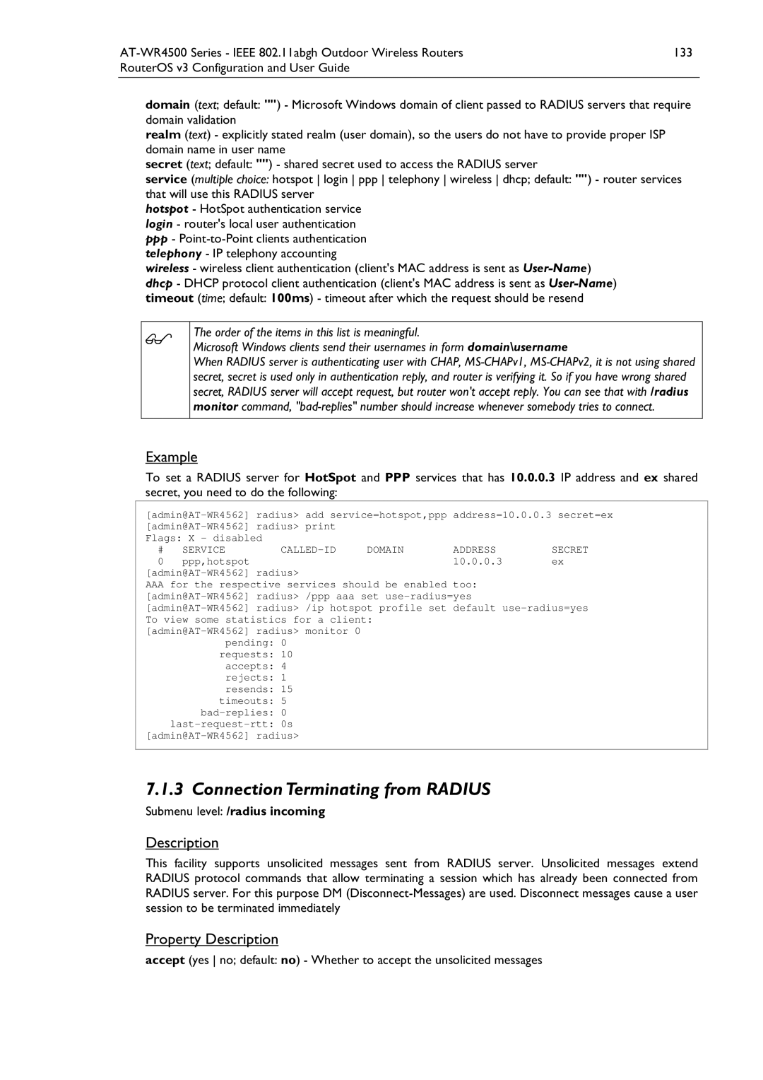 Allied Telesis AT-WR4500 manual ConnectionTerminating from Radius, Submenu level /radius incoming 