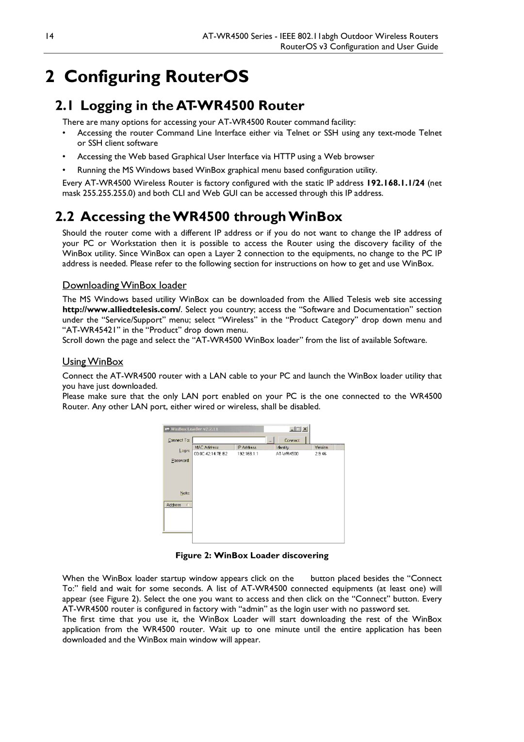 Allied Telesis manual Logging in the AT-WR4500 Router, Accessing theWR4500 throughWinBox, Downloading WinBox loader 