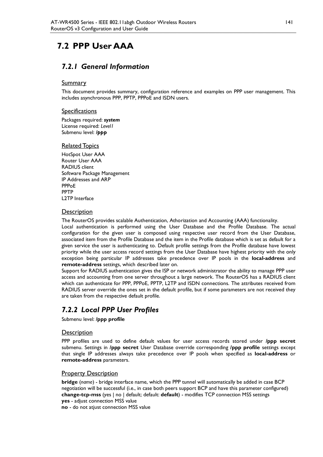 Allied Telesis AT-WR4500 manual PPP User AAA, Local PPP User Profiles, L2TP Interface, Submenu level /ppp profile 