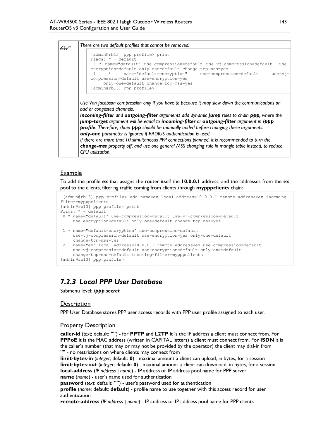 Allied Telesis AT-WR4500 manual Local PPP User Database, Submenu level /ppp secret 