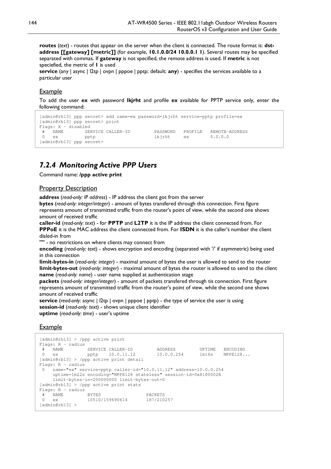 Allied Telesis AT-WR4500 manual Monitoring Active PPP Users, Command name /ppp active print, Name Bytes Packets 