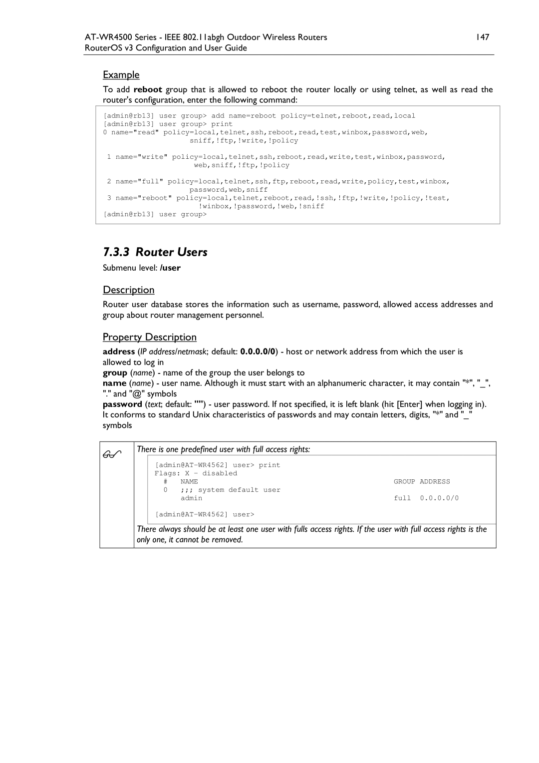 Allied Telesis AT-WR4500 manual Router Users, Only one, it cannot be removed, Admin@rb13 user group, Name Group Address 