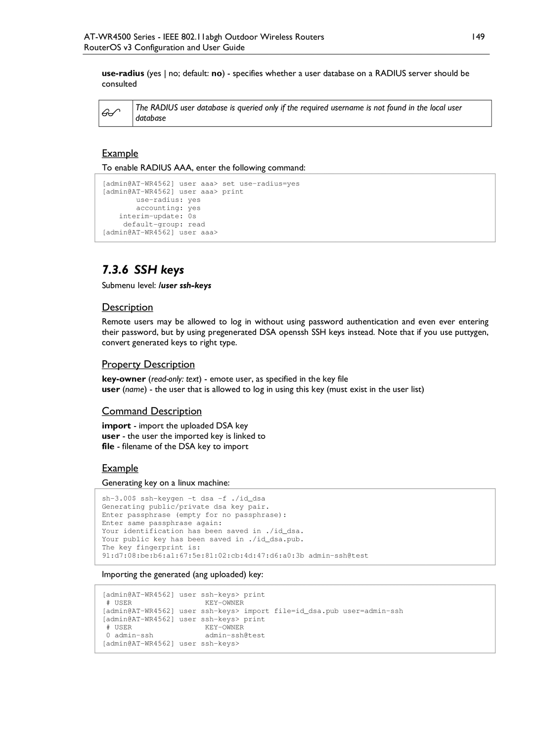 Allied Telesis AT-WR4500 manual SSH keys, To enable Radius AAA, enter the following command, Submenu level /user ssh-keys 