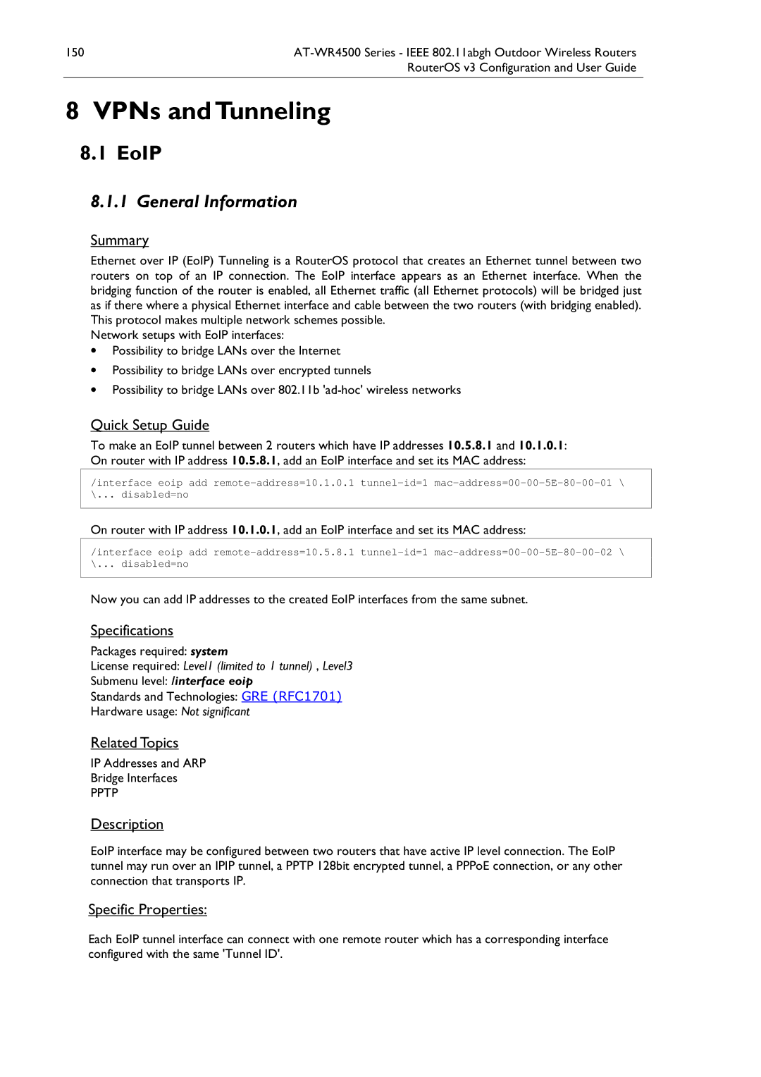 Allied Telesis AT-WR4500 manual EoIP, Specific Properties, IP Addresses and ARP Bridge Interfaces 