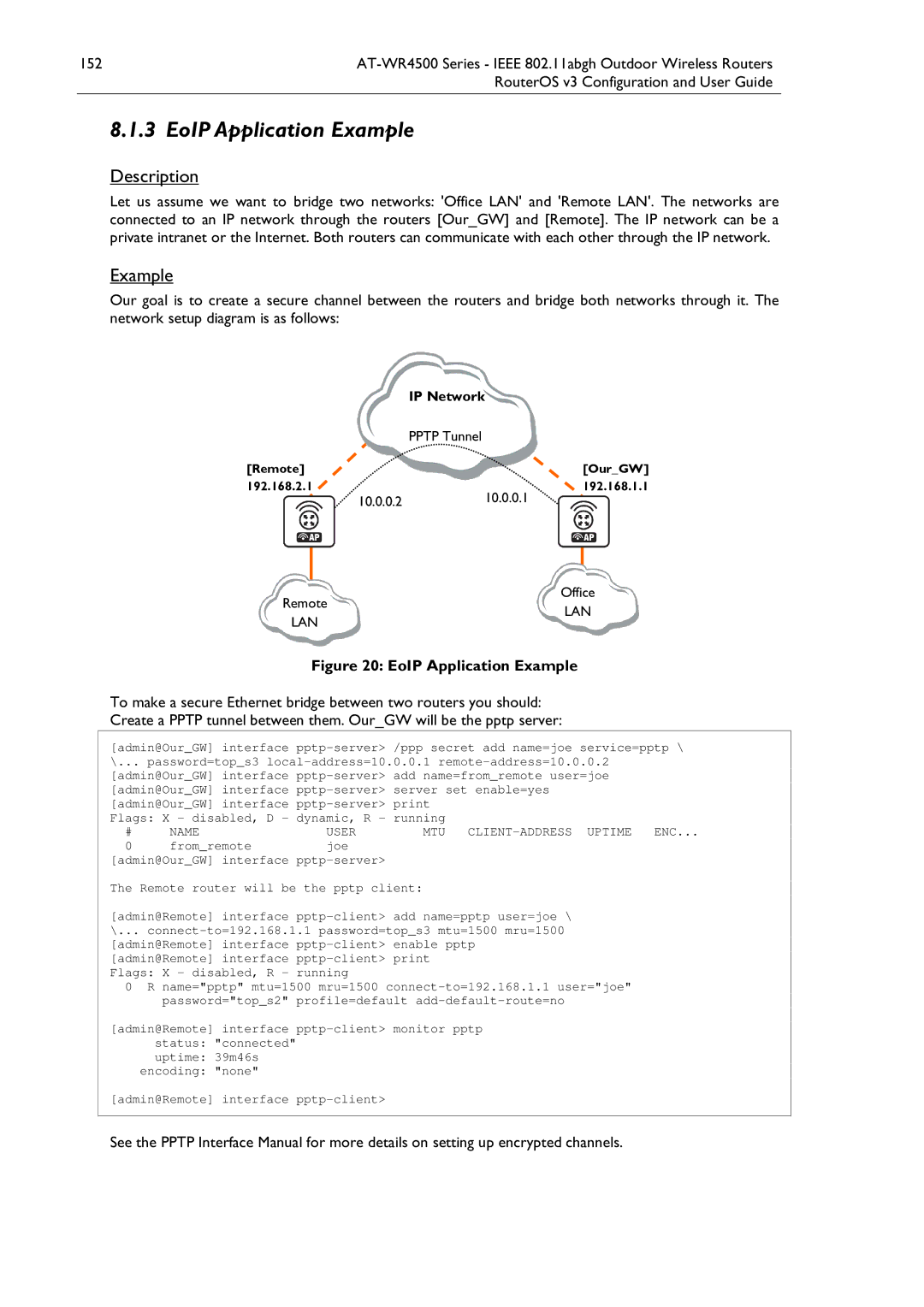 Allied Telesis AT-WR4500 manual EoIP Application Example, Admin@OurGW interface pptp-server server set enable=yes 