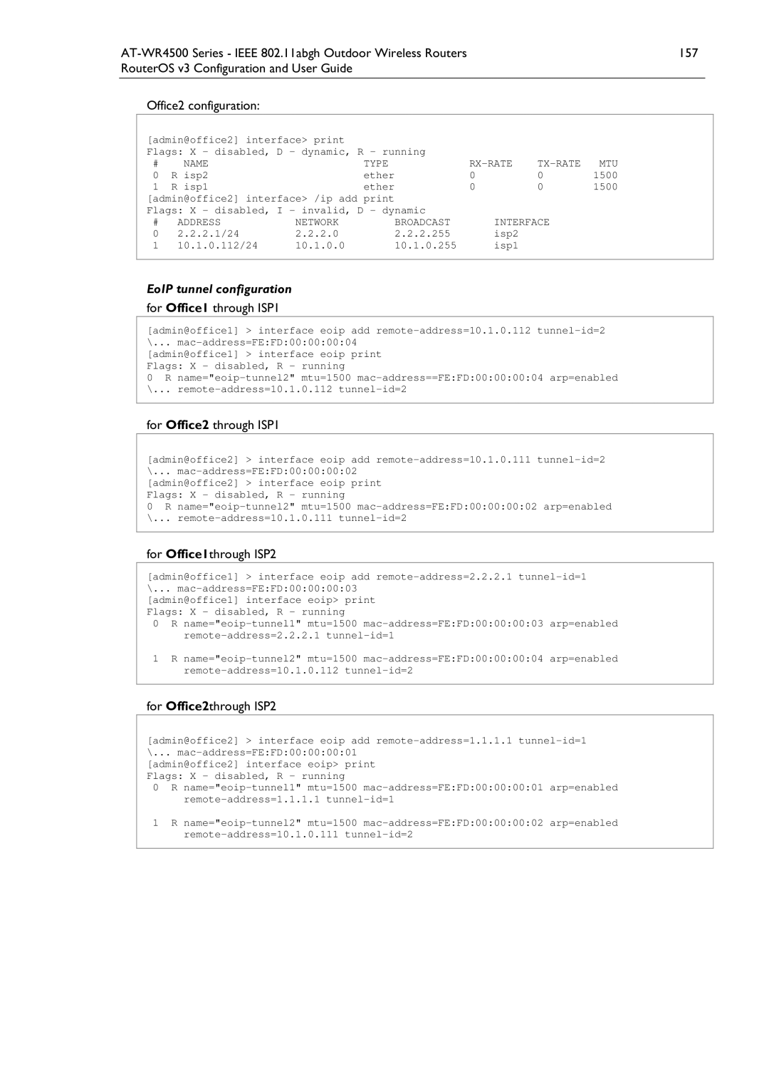 Allied Telesis AT-WR4500 manual EoIP tunnel configuration For Office1 through ISP1, For Office2 through ISP1 