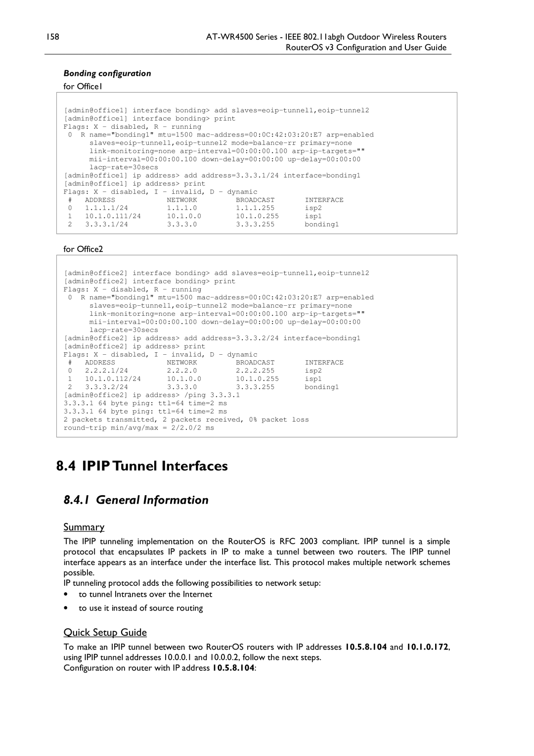 Allied Telesis AT-WR4500 manual IPIPTunnel Interfaces, For Office2, 10.1.0.0 10.1.0.255 Isp1 3.1/24 3.0 3.255 Bonding1 