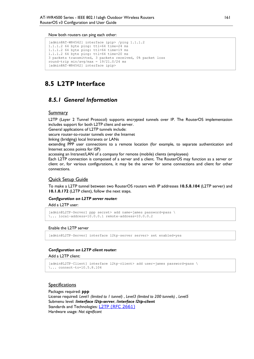 Allied Telesis AT-WR4500 L2TP Interface, Enable the L2TP server, Configuration on L2TP client router Add a L2TP client 