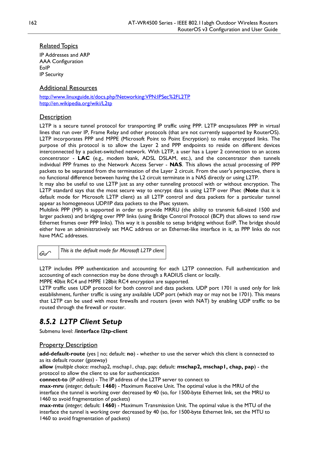 Allied Telesis AT-WR4500 manual 2 L2TP Client Setup, IP Addresses and ARP AAA Configuration EoIP IP Security 