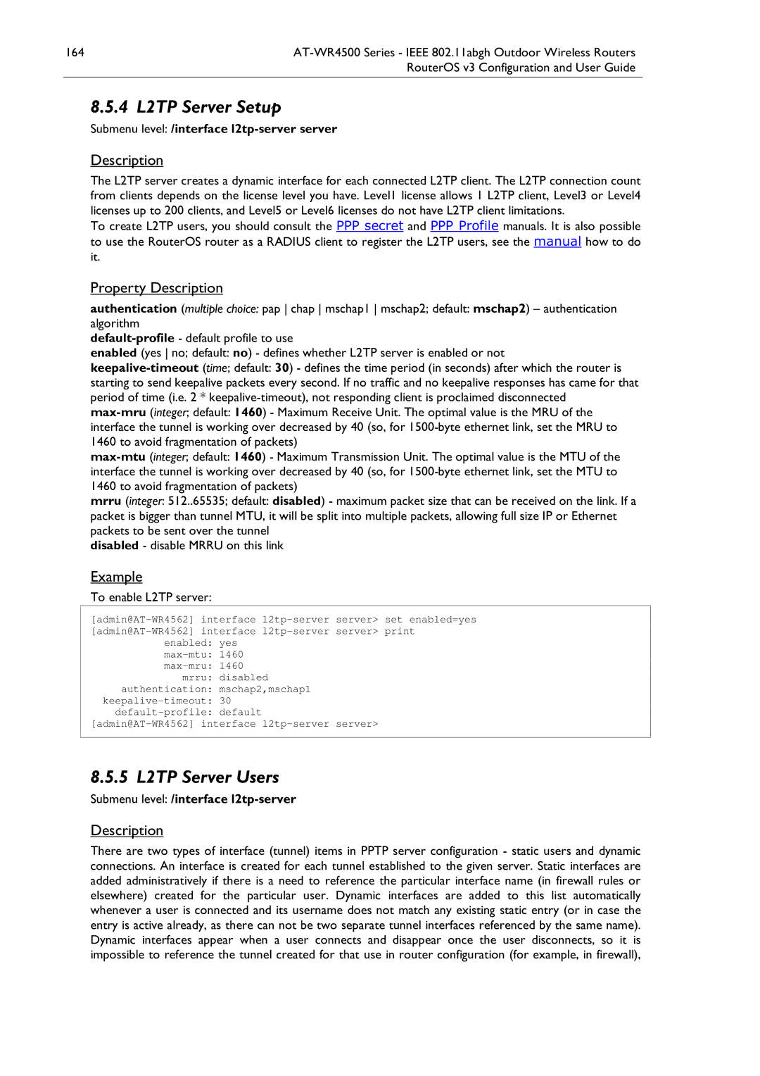 Allied Telesis AT-WR4500 manual 4 L2TP Server Setup, 5 L2TP Server Users, Submenu level /interface l2tp-server server 