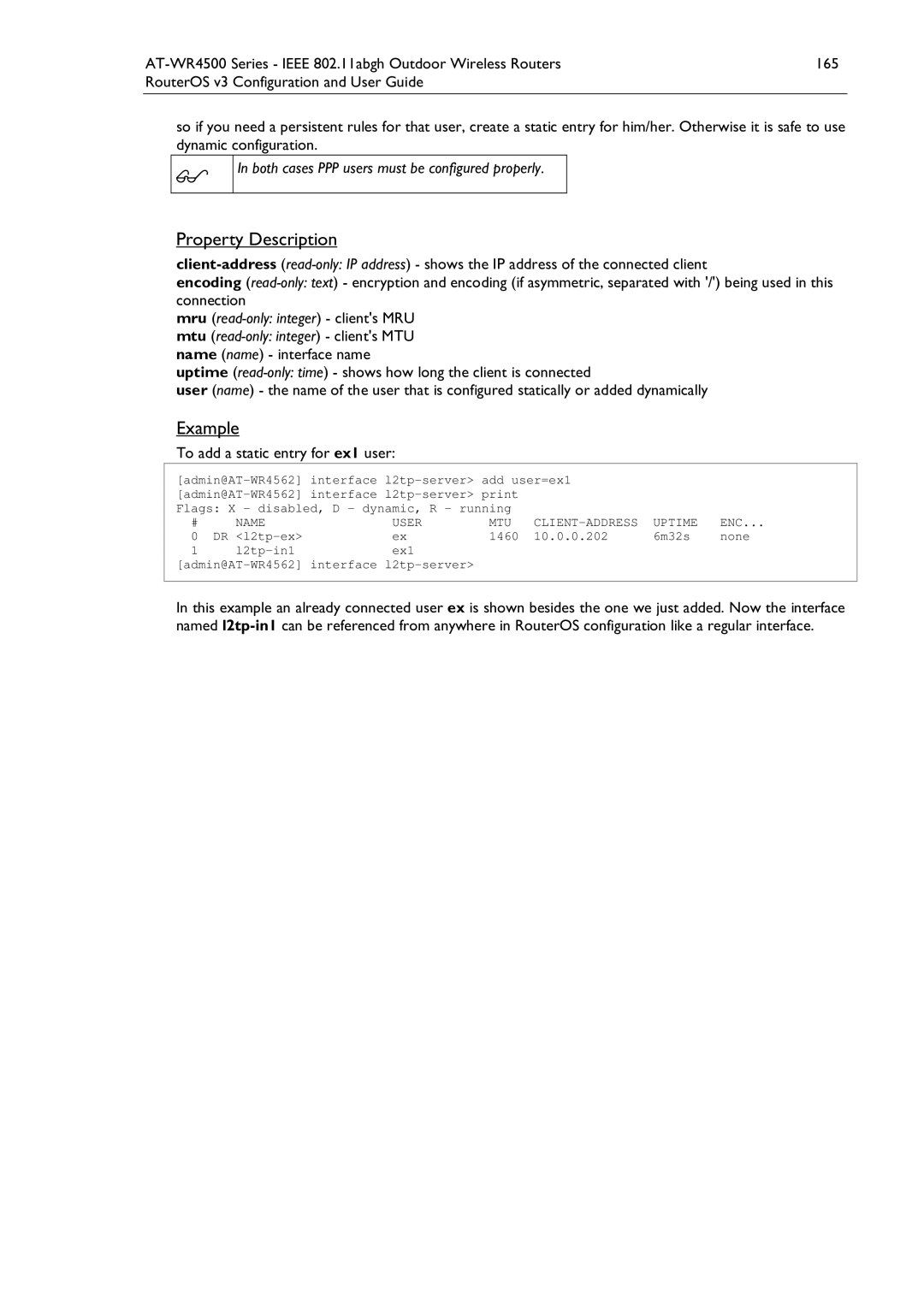 Allied Telesis AT-WR4500 manual To add a static entry for ex1 user, Interface l2tp-server add user=ex1, Enc 