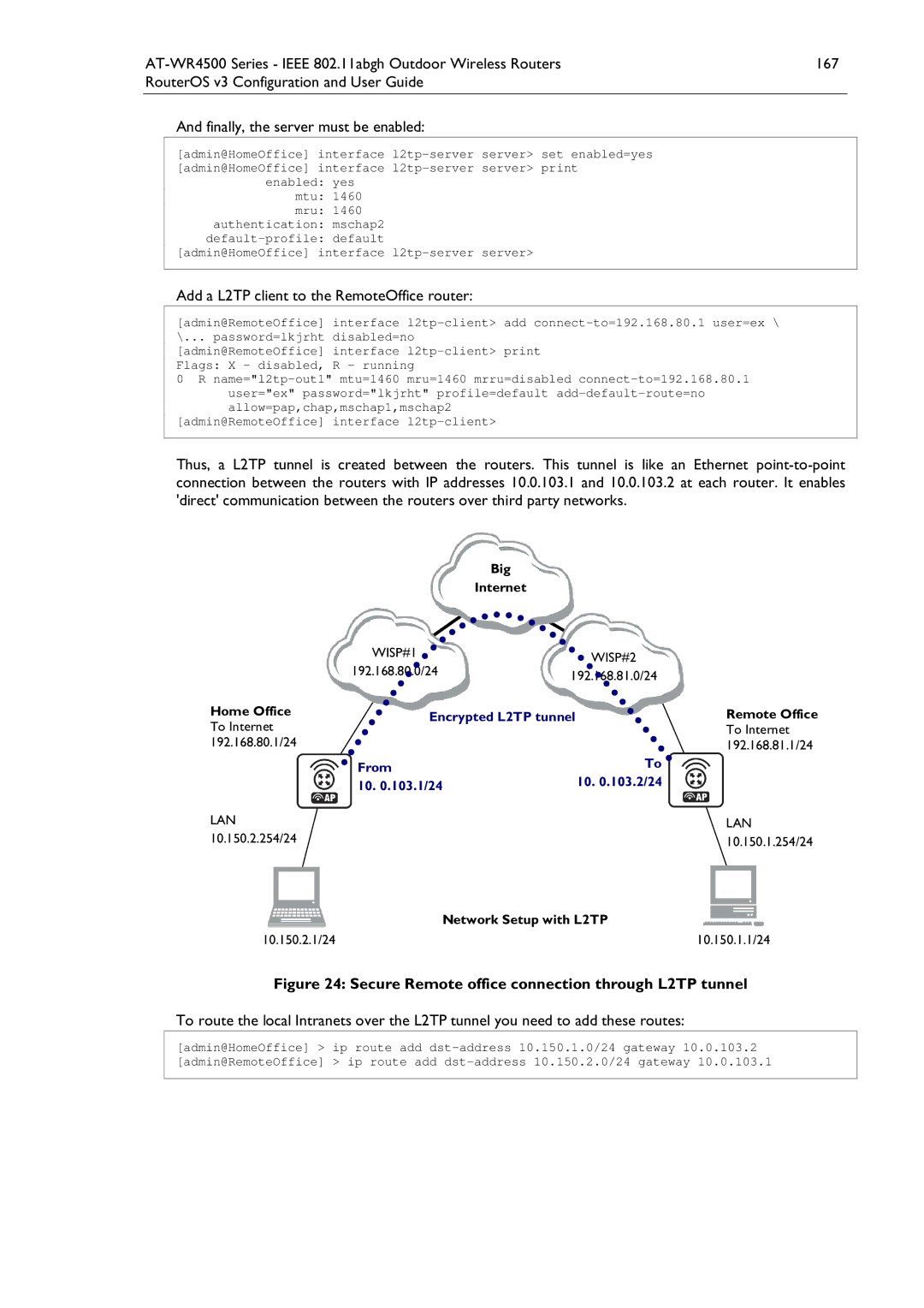 Allied Telesis AT-WR4500 manual Add a L2TP client to the RemoteOffice router, Admin@HomeOffice interface l2tp-server server 