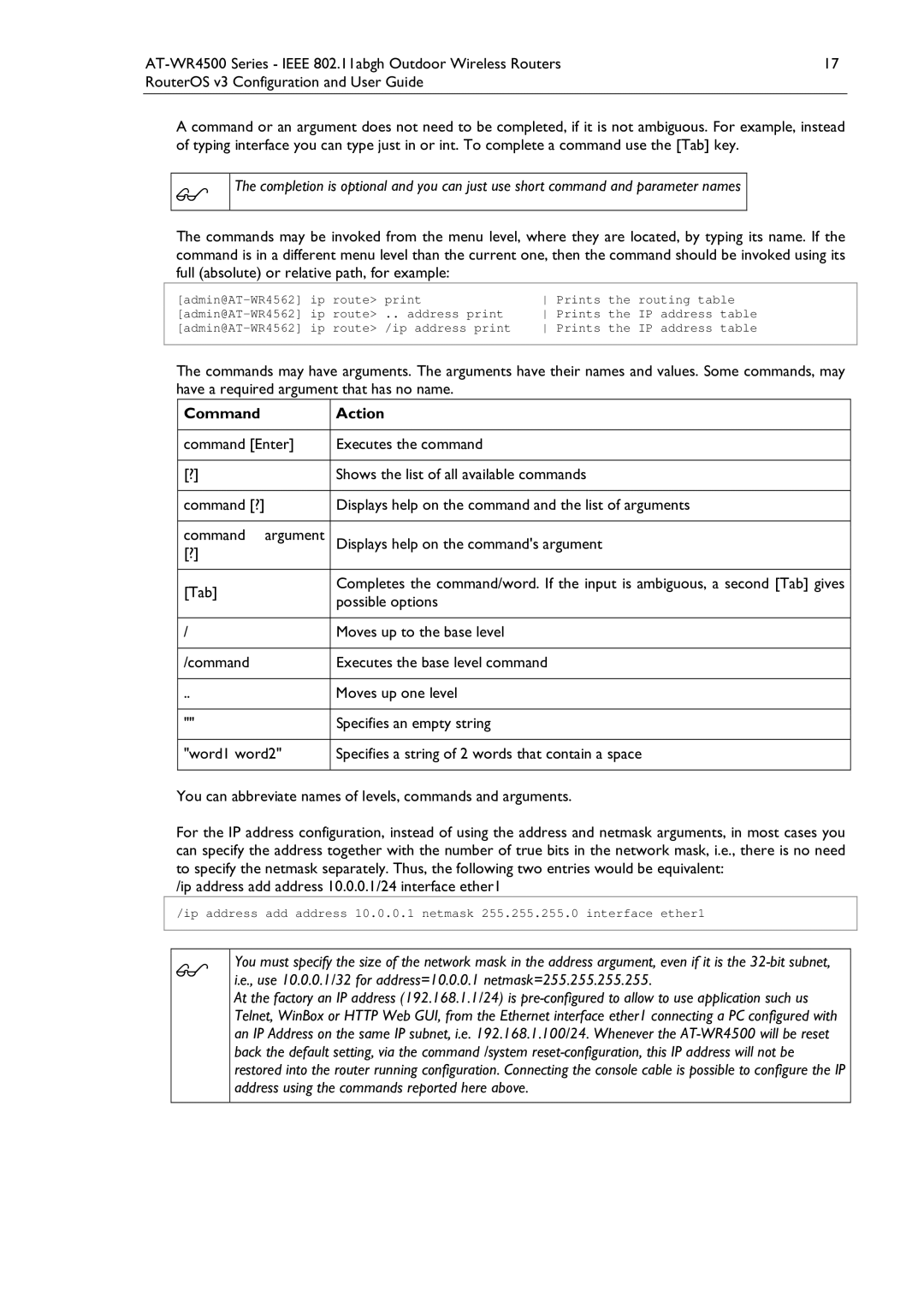 Allied Telesis AT-WR4500 manual Command Action, Prints the IP address table 