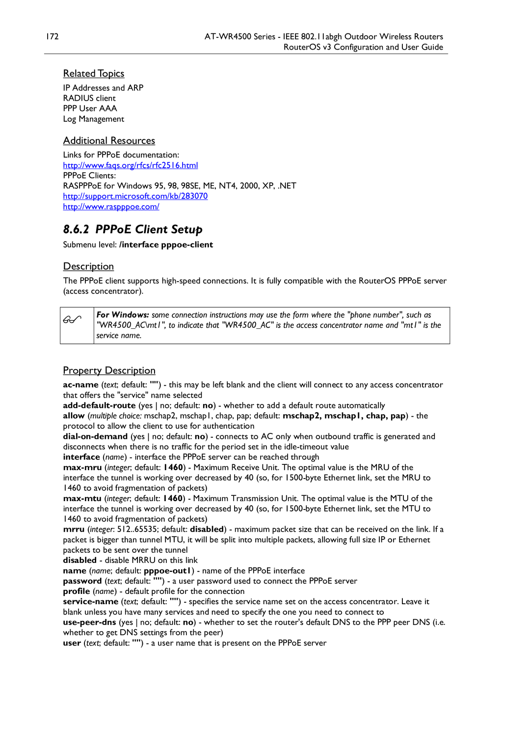 Allied Telesis AT-WR4500 manual PPPoE Client Setup, Submenu level /interface pppoe-client 