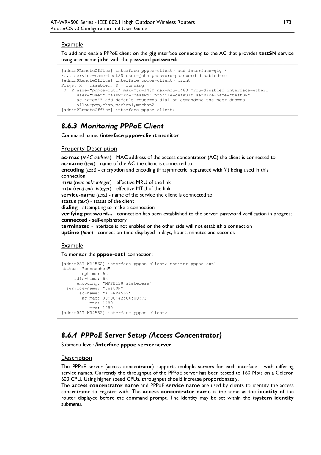 Allied Telesis AT-WR4500 manual Monitoring PPPoE Client, PPPoE Server Setup Access Concentrator 