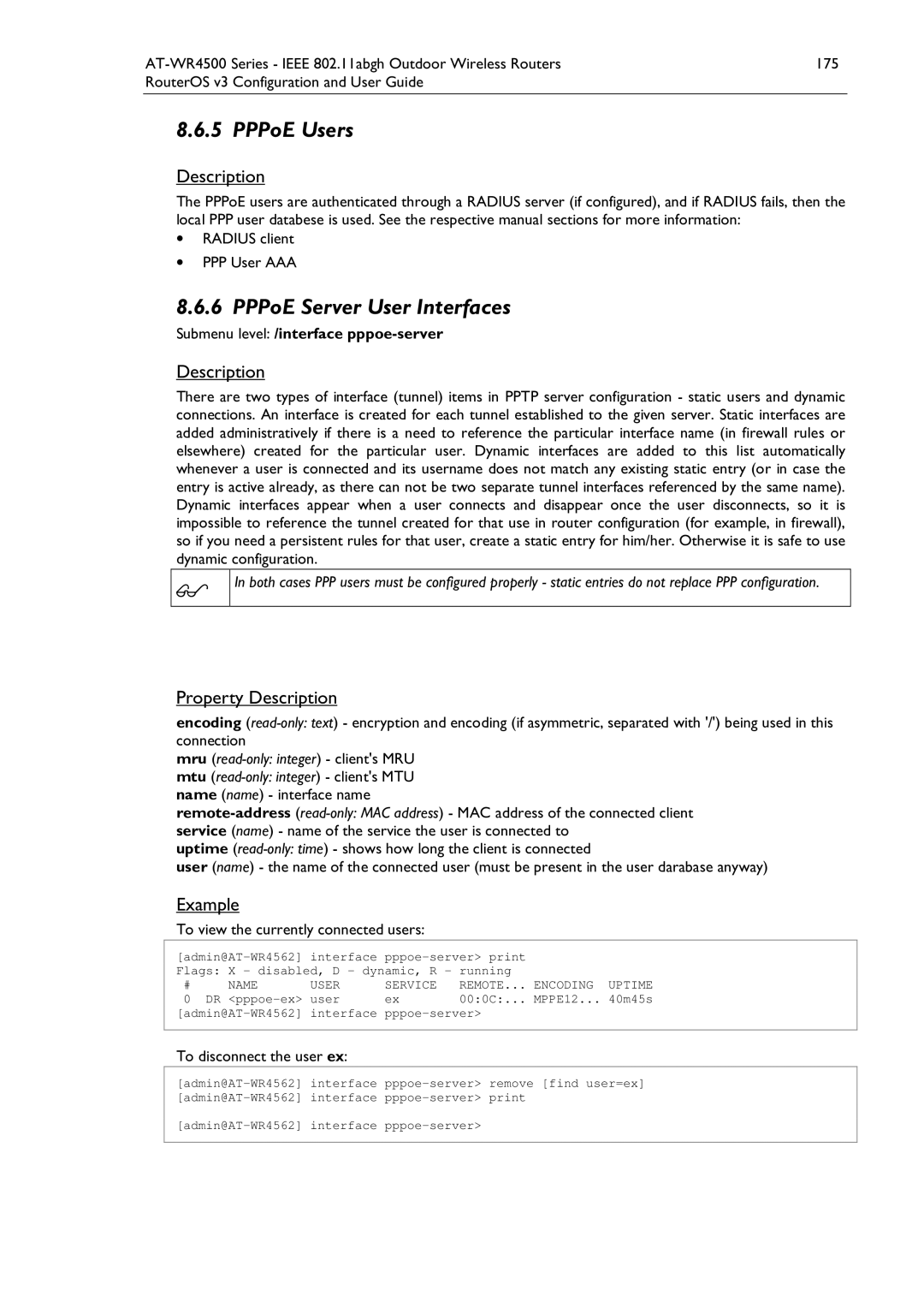 Allied Telesis AT-WR4500 manual PPPoE Users, PPPoE Server User Interfaces, Submenu level /interface pppoe-server 