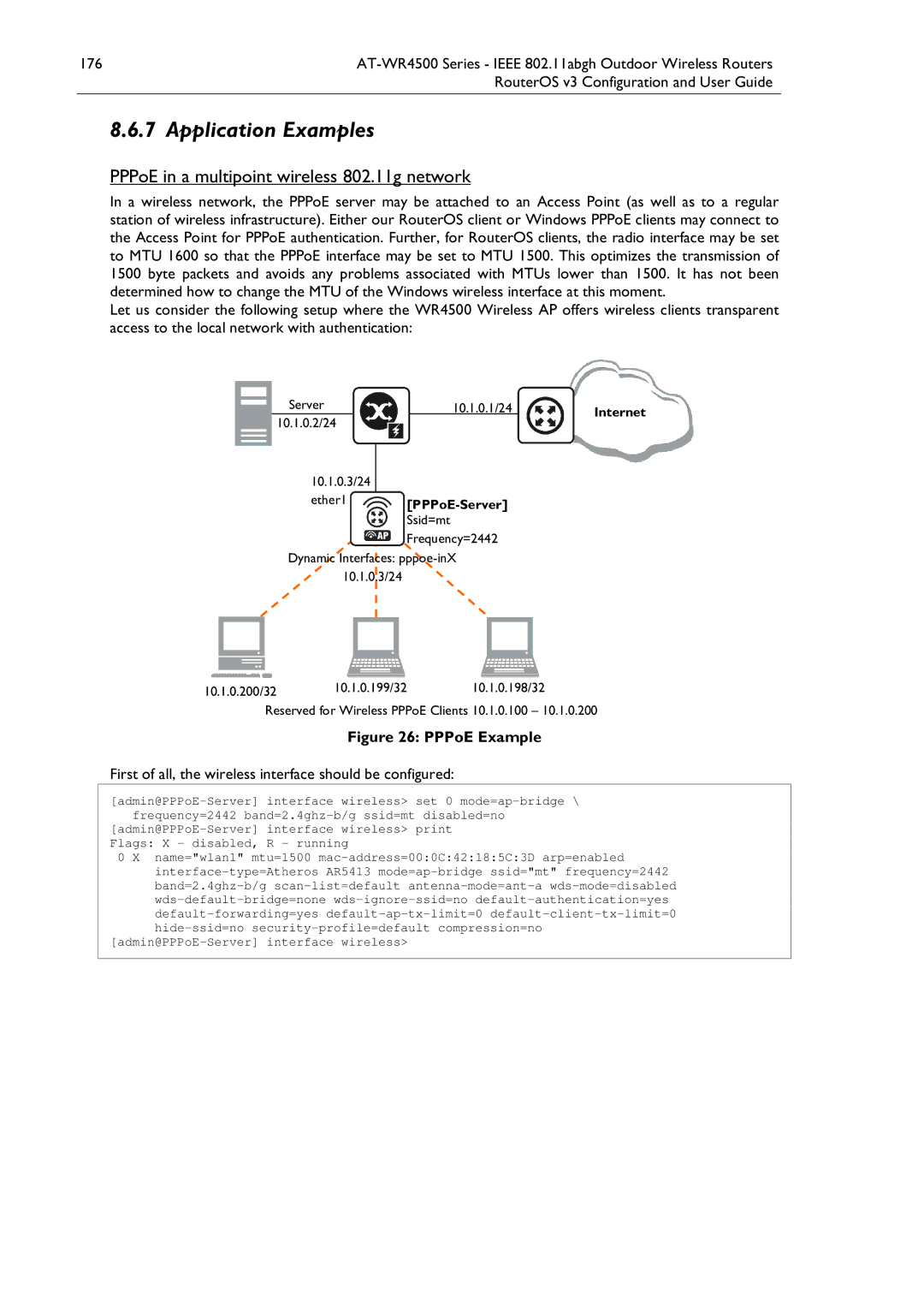 Allied Telesis AT-WR4500 manual PPPoE in a multipoint wireless 802.11g network, Admin@PPPoE-Server interface wireless 