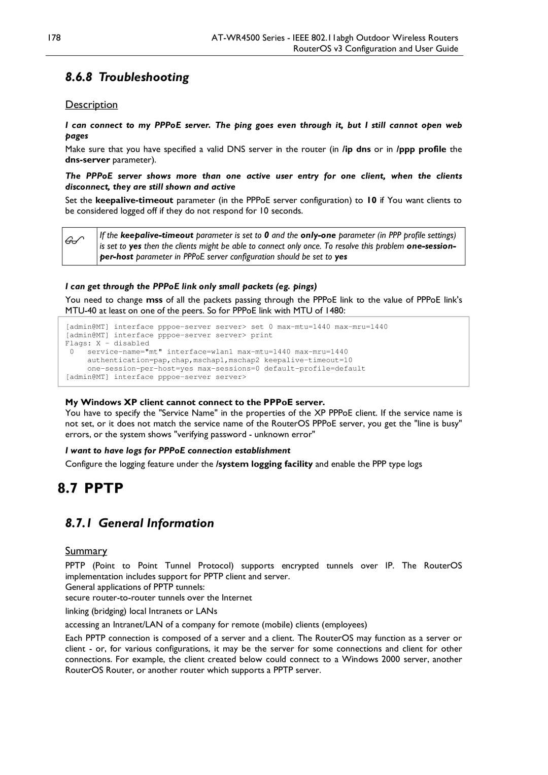 Allied Telesis AT-WR4500 manual Pptp, My Windows XP client cannot connect to the PPPoE server 