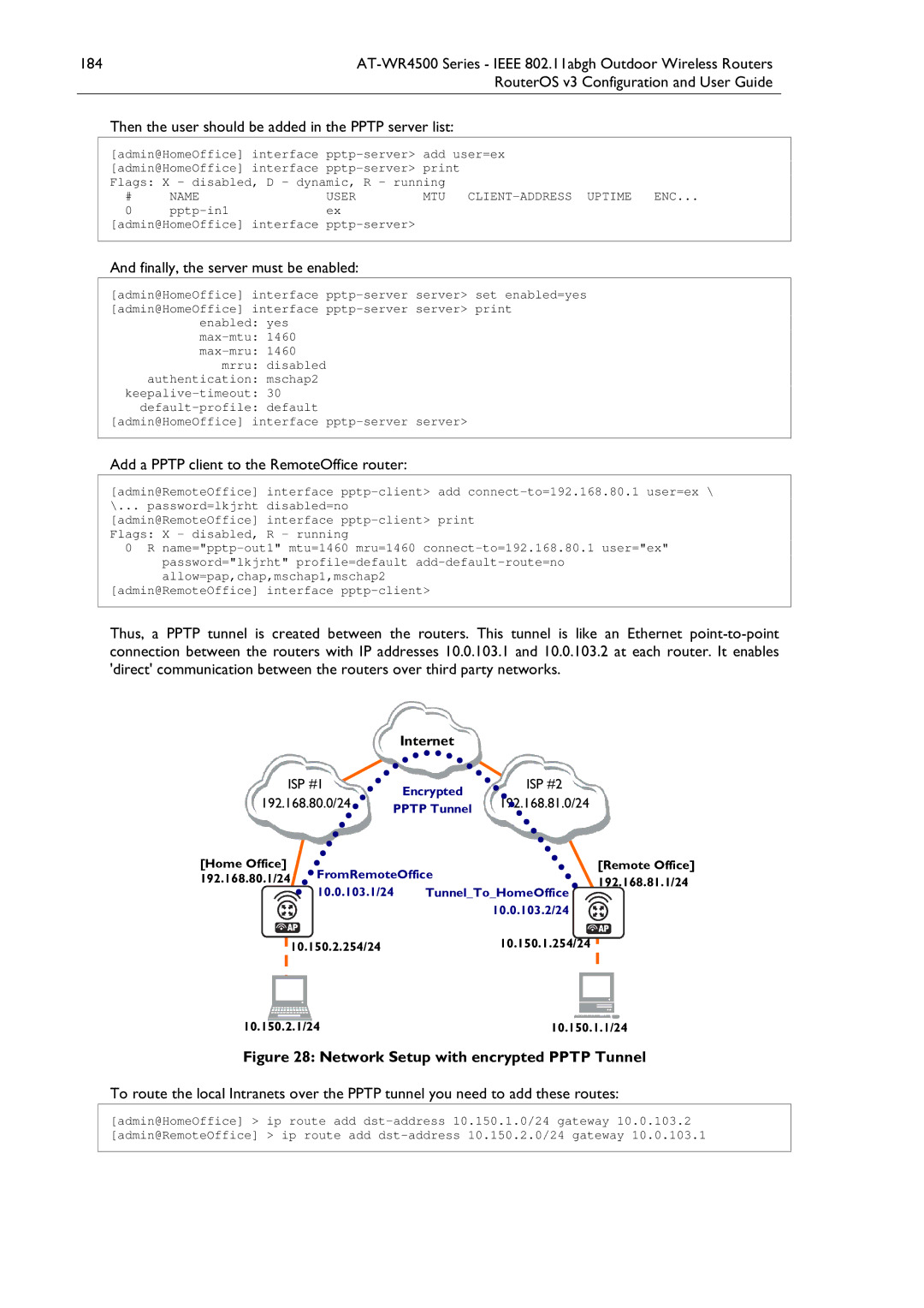 Allied Telesis AT-WR4500 Add a Pptp client to the RemoteOffice router, Admin@HomeOffice interface pptp-server add user=ex 