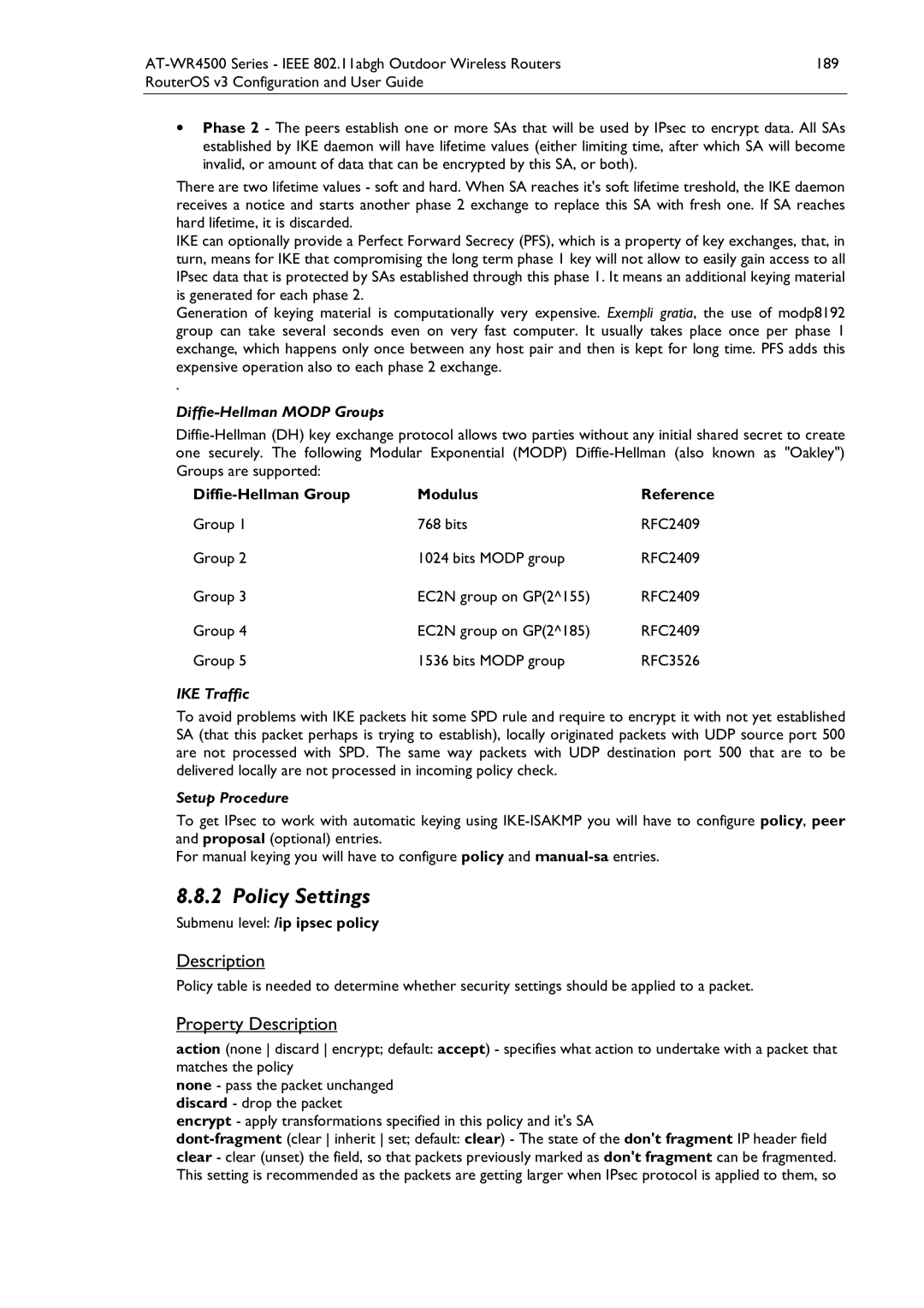 Allied Telesis AT-WR4500 manual Policy Settings, Diffie-Hellman Group Modulus Reference, Submenu level /ip ipsec policy 