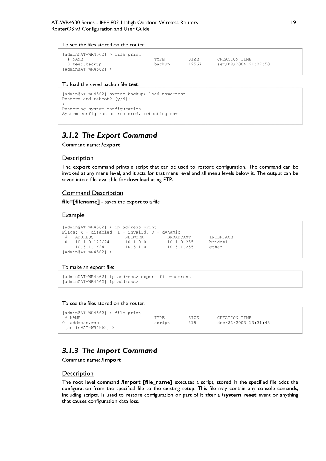 Allied Telesis AT-WR4500 manual Export Command, Import Command 