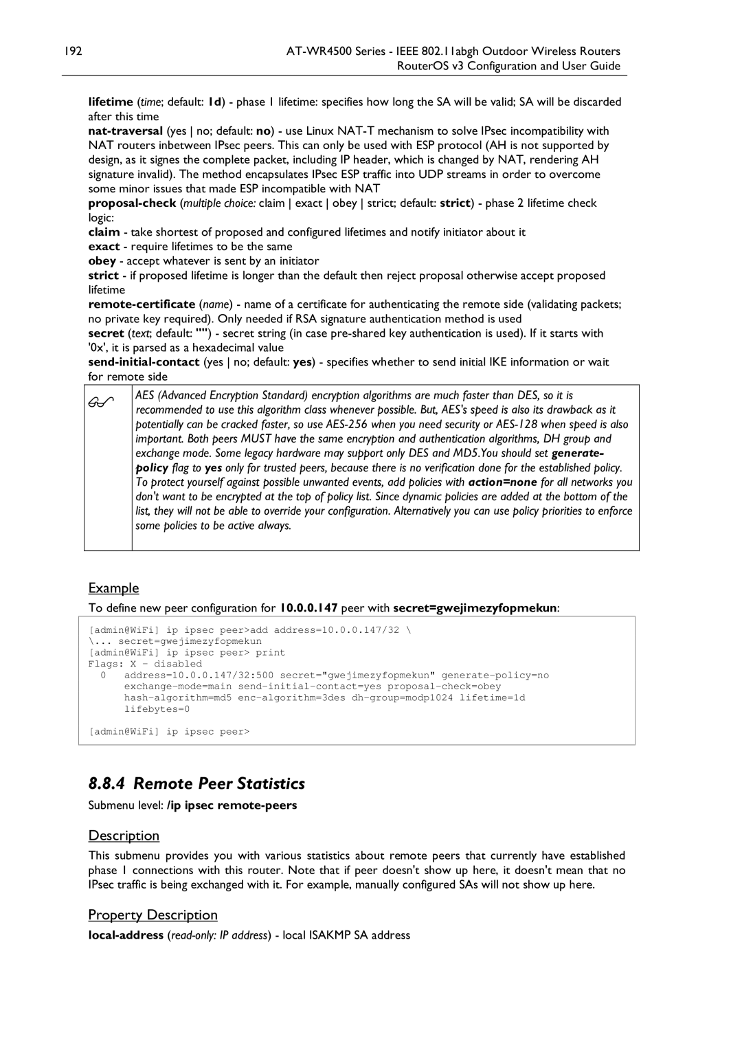 Allied Telesis AT-WR4500 manual Remote Peer Statistics, Submenu level /ip ipsec remote-peers 