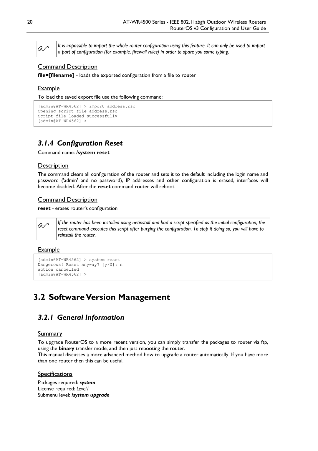 Allied Telesis AT-WR4500 manual SoftwareVersion Management, Configuration Reset, General Information, Specifications 