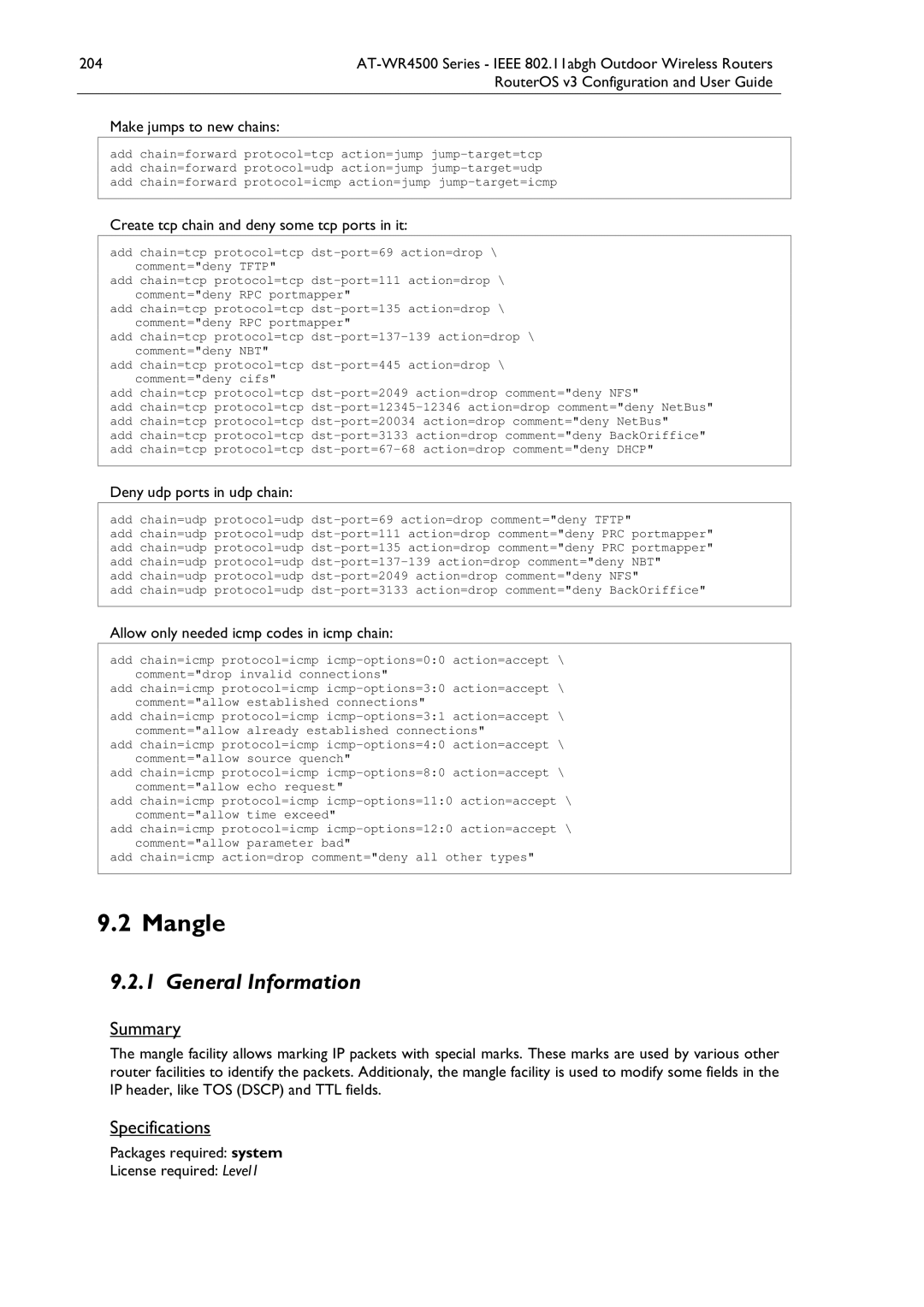 Allied Telesis AT-WR4500 manual Mangle, Create tcp chain and deny some tcp ports in it, Deny udp ports in udp chain 