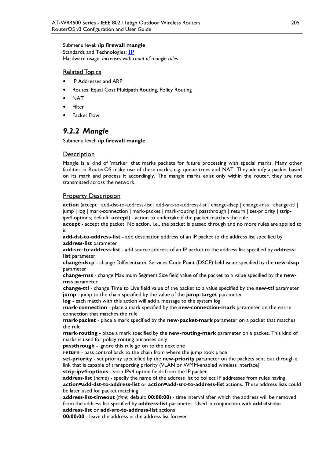 Allied Telesis AT-WR4500 manual Mangle, Submenu level /ip firewall mangle, Filter Packet Flow 