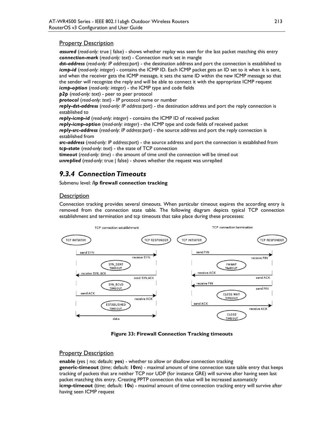 Allied Telesis AT-WR4500 manual ConnectionTimeouts, Submenu level /ip firewall connection tracking 